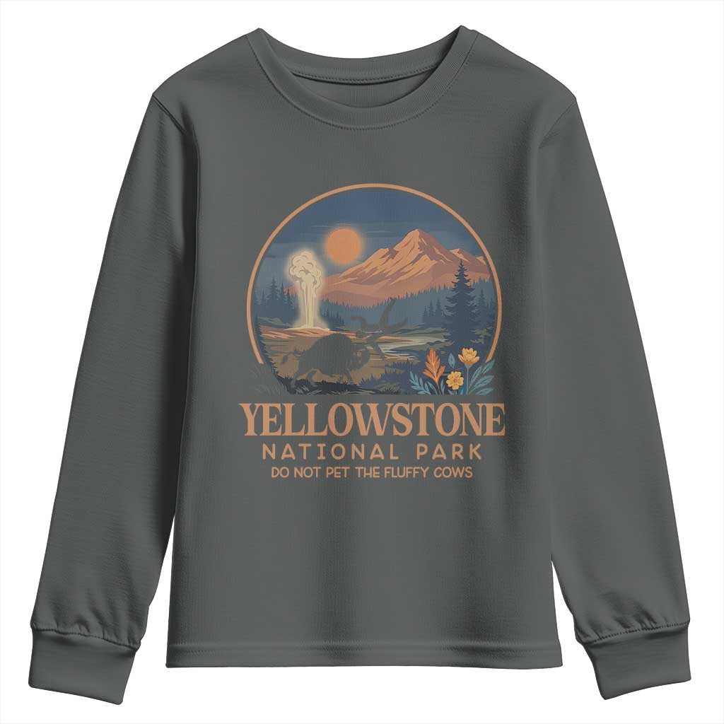 Yellowstone National Park Do Not Pet The Fluffy Cows Youth Sweatshirt Amusing Bison Encounter Campsite Toss TS12 Dark Heather Print Your Wear