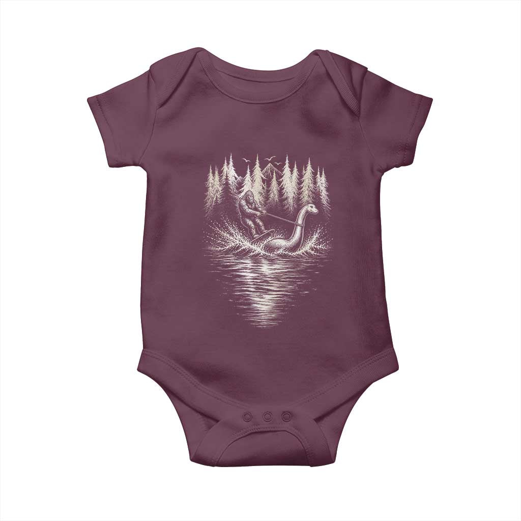 Funny Bigfoot Water Skiing Behind Nessie Baby Onesie Cryptid Lover TS12 Maroon Print Your Wear