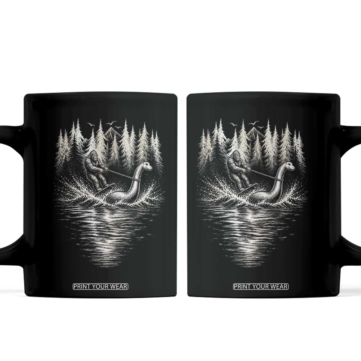 Funny Bigfoot Water Skiing Behind Nessie Coffee Mug Cryptid Lover TS12 Black Print Your Wear