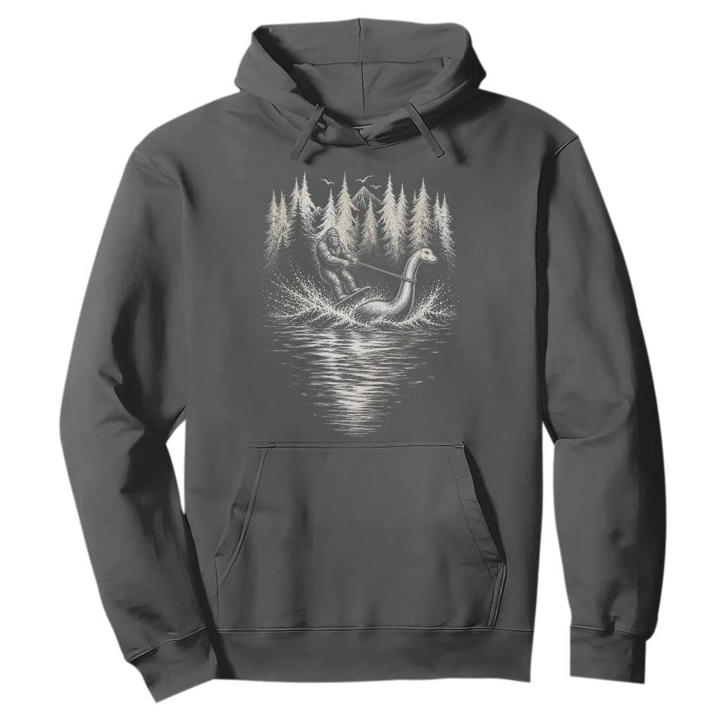 Funny Bigfoot Water Skiing Behind Nessie Hoodie Cryptid Lover TS12 Dark Heather Print Your Wear