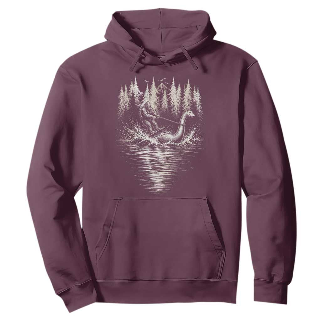 Funny Bigfoot Water Skiing Behind Nessie Hoodie Cryptid Lover TS12 Maroon Print Your Wear