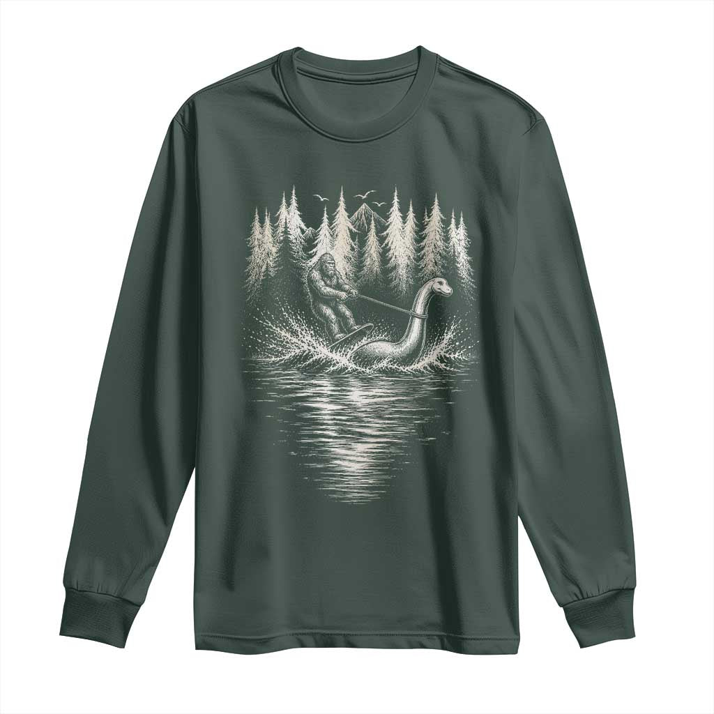 Funny Bigfoot Water Skiing Behind Nessie Long Sleeve Shirt Cryptid Lover TS12 Dark Forest Green Print Your Wear
