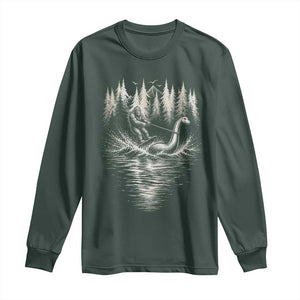 Funny Bigfoot Water Skiing Behind Nessie Long Sleeve Shirt Cryptid Lover TS12 Dark Forest Green Print Your Wear