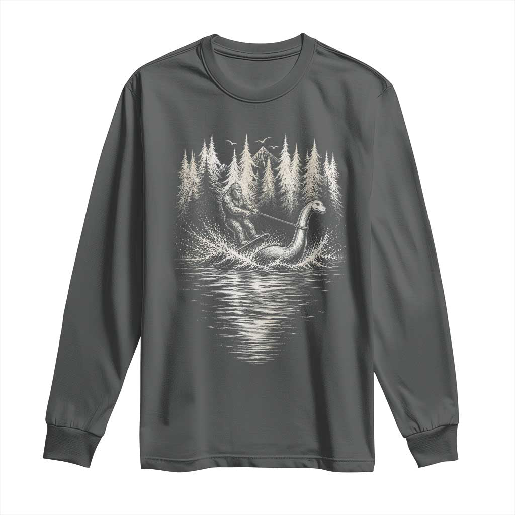 Funny Bigfoot Water Skiing Behind Nessie Long Sleeve Shirt Cryptid Lover TS12 Dark Heather Print Your Wear