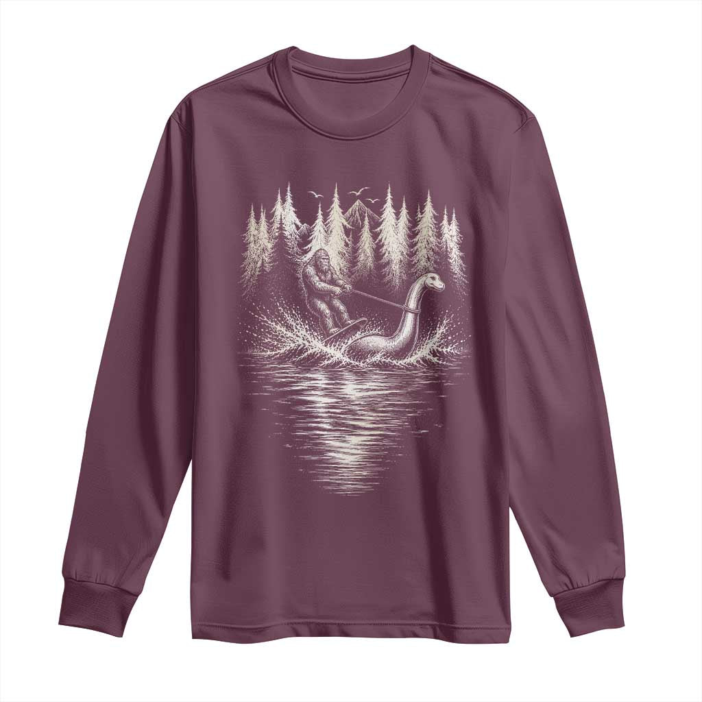 Funny Bigfoot Water Skiing Behind Nessie Long Sleeve Shirt Cryptid Lover TS12 Maroon Print Your Wear