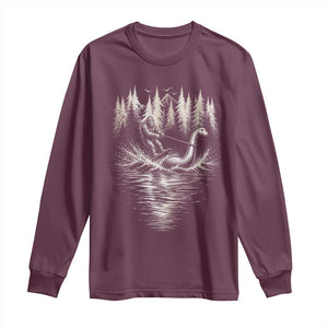 Funny Bigfoot Water Skiing Behind Nessie Long Sleeve Shirt Cryptid Lover TS12 Maroon Print Your Wear