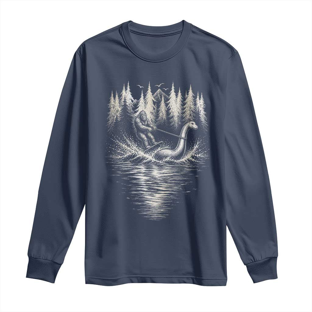 Funny Bigfoot Water Skiing Behind Nessie Long Sleeve Shirt Cryptid Lover TS12 Navy Print Your Wear