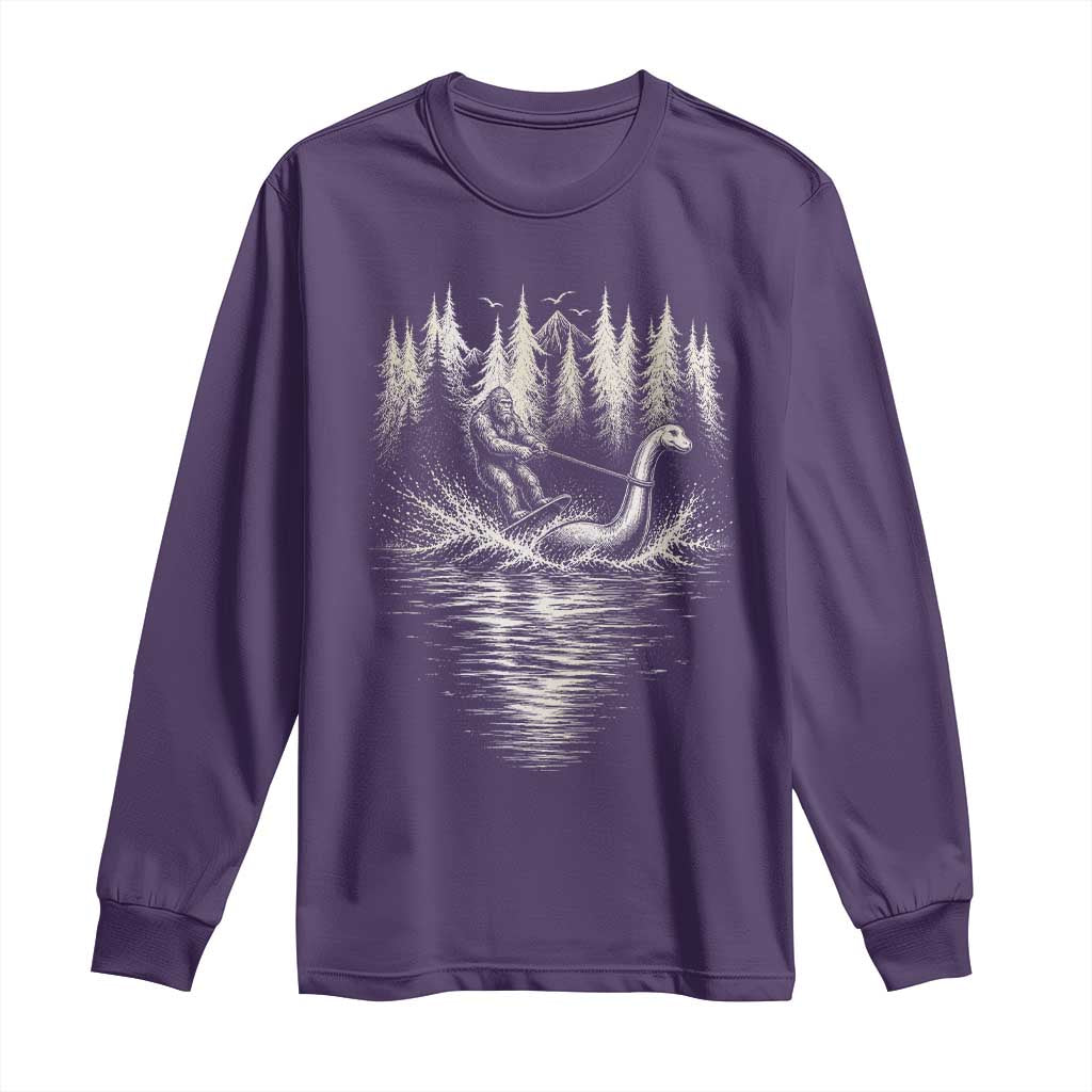 Funny Bigfoot Water Skiing Behind Nessie Long Sleeve Shirt Cryptid Lover TS12 Purple Print Your Wear
