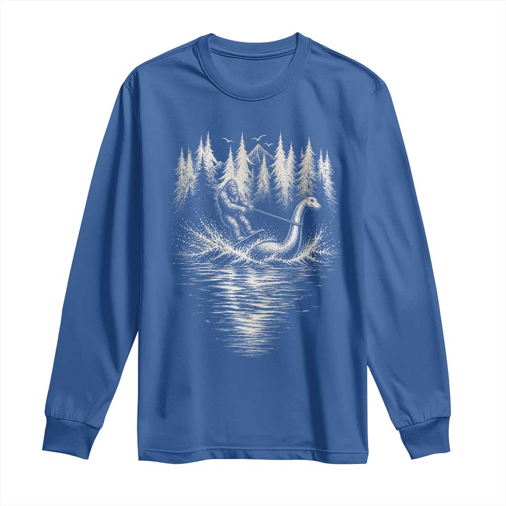Funny Bigfoot Water Skiing Behind Nessie Long Sleeve Shirt Cryptid Lover TS12 Royal Blue Print Your Wear
