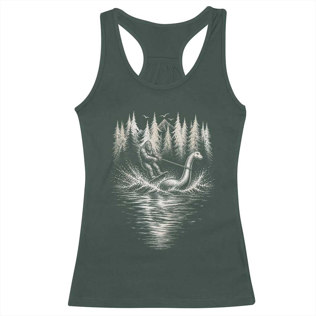 Funny Bigfoot Water Skiing Behind Nessie Racerback Tank Top Cryptid Lover TS12 Dark Forest Green Print Your Wear