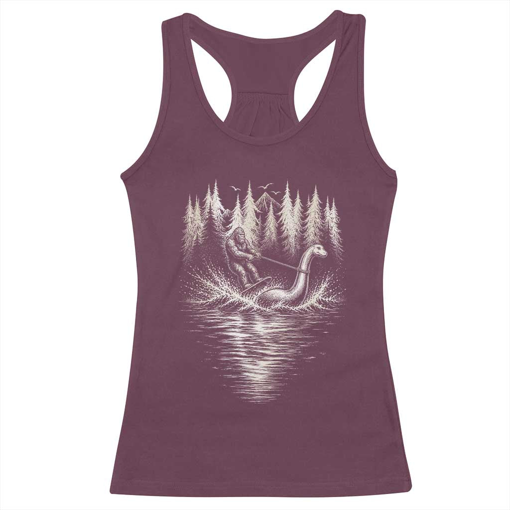 Funny Bigfoot Water Skiing Behind Nessie Racerback Tank Top Cryptid Lover TS12 Maroon Print Your Wear