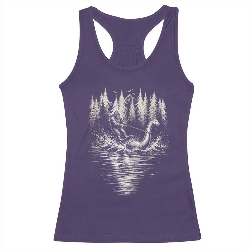 Funny Bigfoot Water Skiing Behind Nessie Racerback Tank Top Cryptid Lover TS12 Purple Print Your Wear