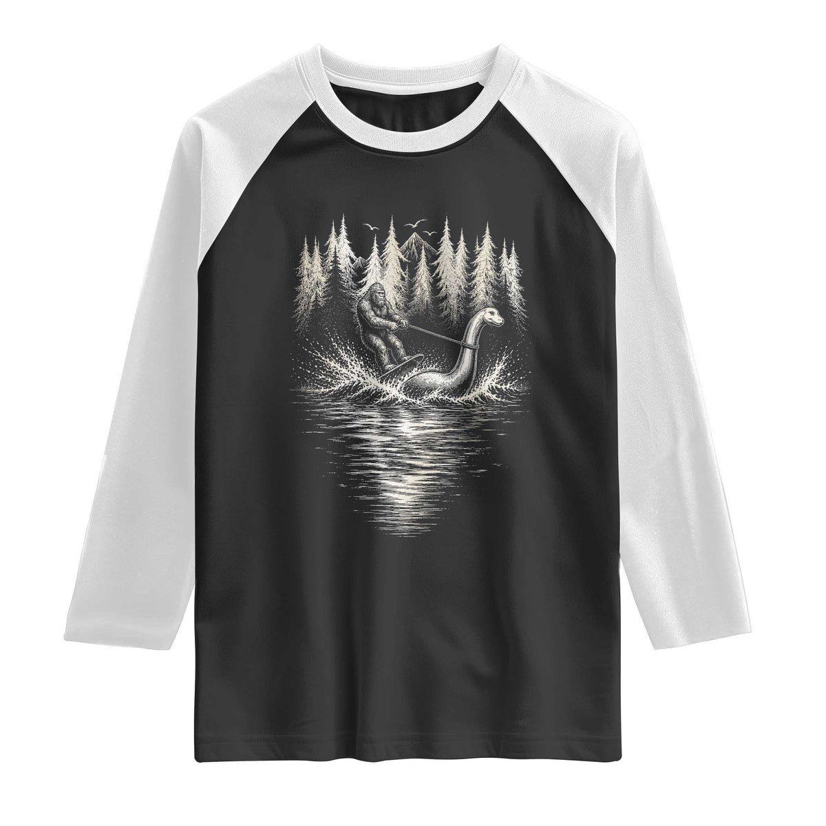 Funny Bigfoot Water Skiing Behind Nessie Raglan Shirt Cryptid Lover TS12 Black White Print Your Wear