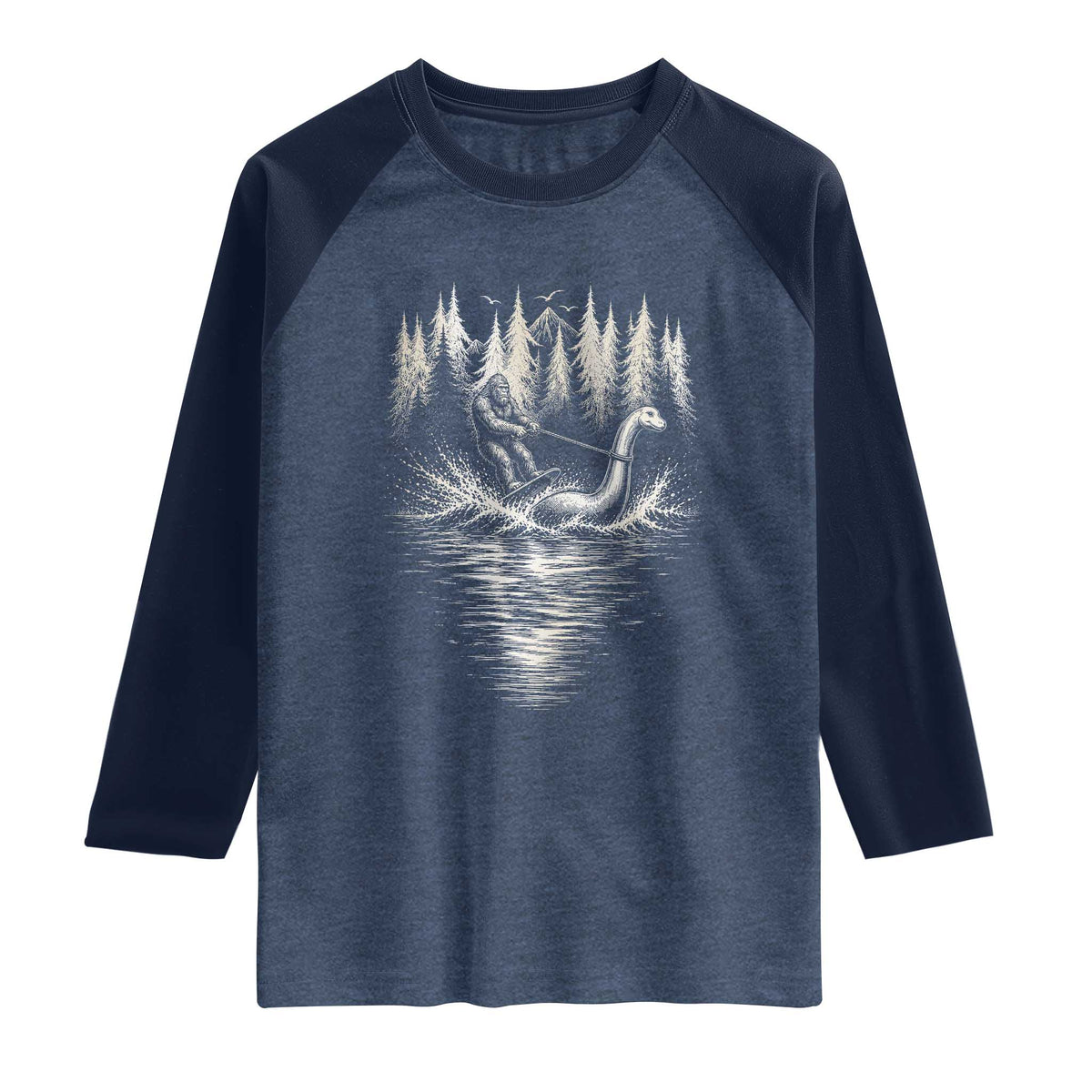 Funny Bigfoot Water Skiing Behind Nessie Raglan Shirt Cryptid Lover TS12 Heather Denim Navy Print Your Wear