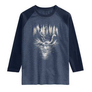 Funny Bigfoot Water Skiing Behind Nessie Raglan Shirt Cryptid Lover TS12 Heather Denim Navy Print Your Wear