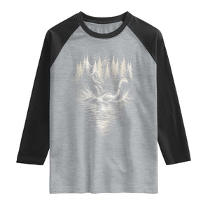 Funny Bigfoot Water Skiing Behind Nessie Raglan Shirt Cryptid Lover TS12 Heather Gray Black Print Your Wear