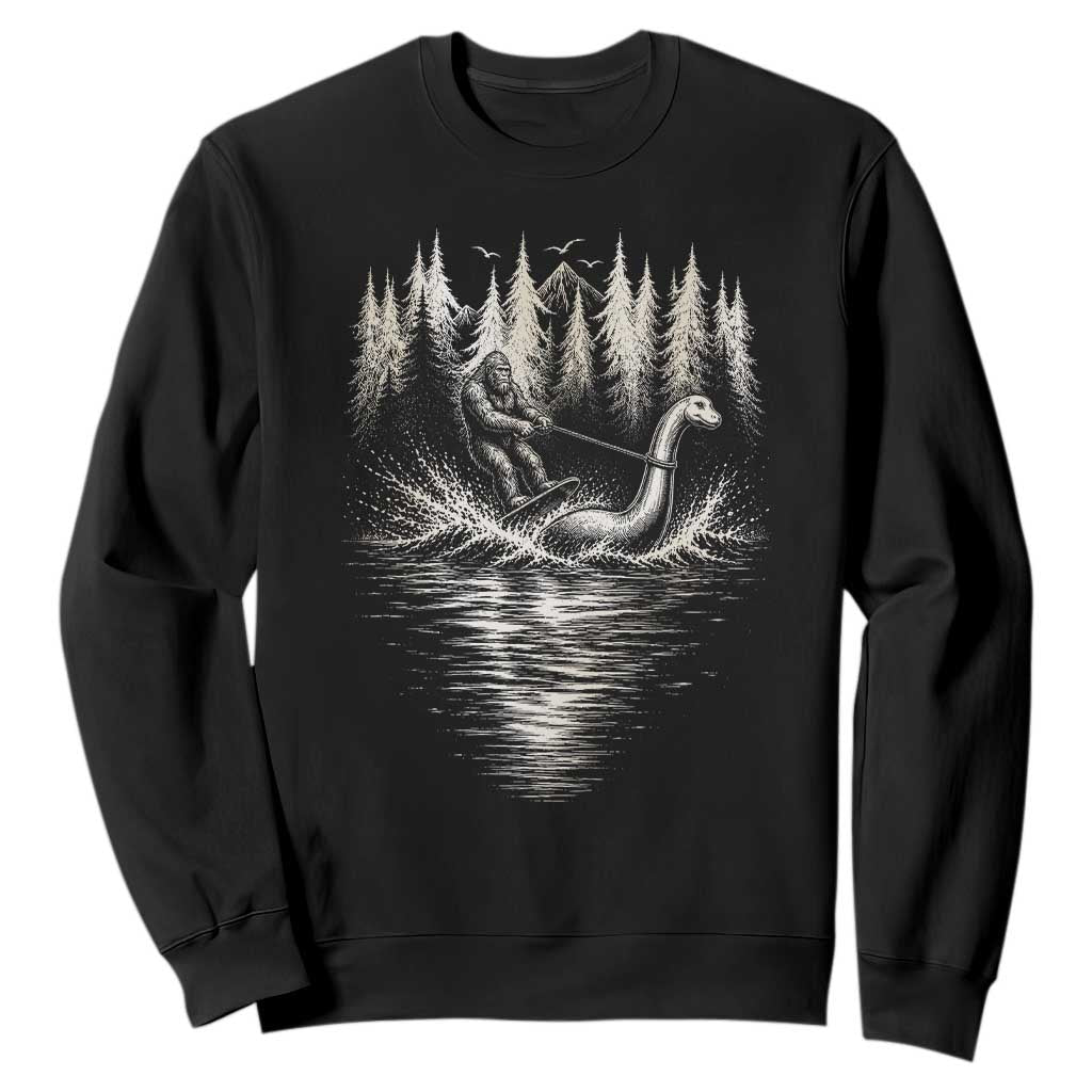 Funny Bigfoot Water Skiing Behind Nessie Sweatshirt Cryptid Lover TS12 Black Print Your Wear