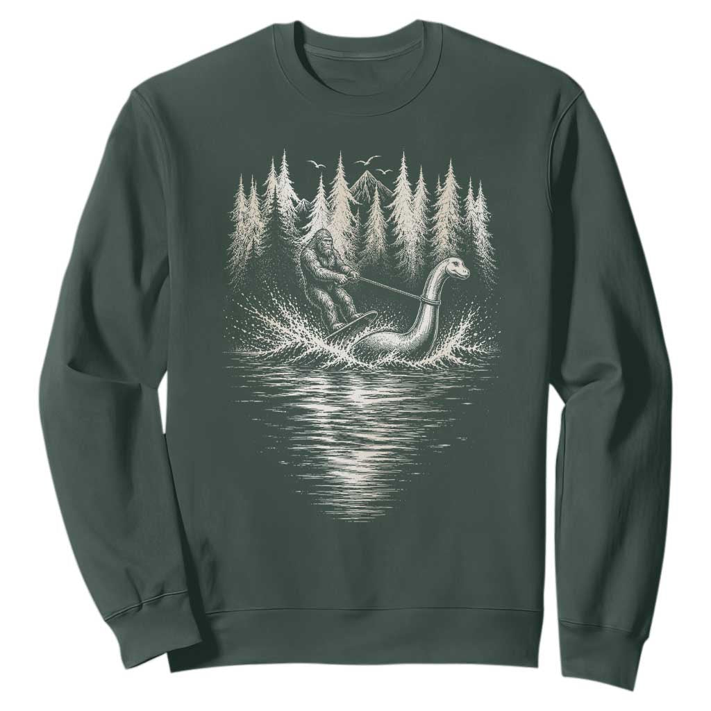 Funny Bigfoot Water Skiing Behind Nessie Sweatshirt Cryptid Lover TS12 Dark Forest Green Print Your Wear