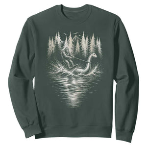 Funny Bigfoot Water Skiing Behind Nessie Sweatshirt Cryptid Lover TS12 Dark Forest Green Print Your Wear