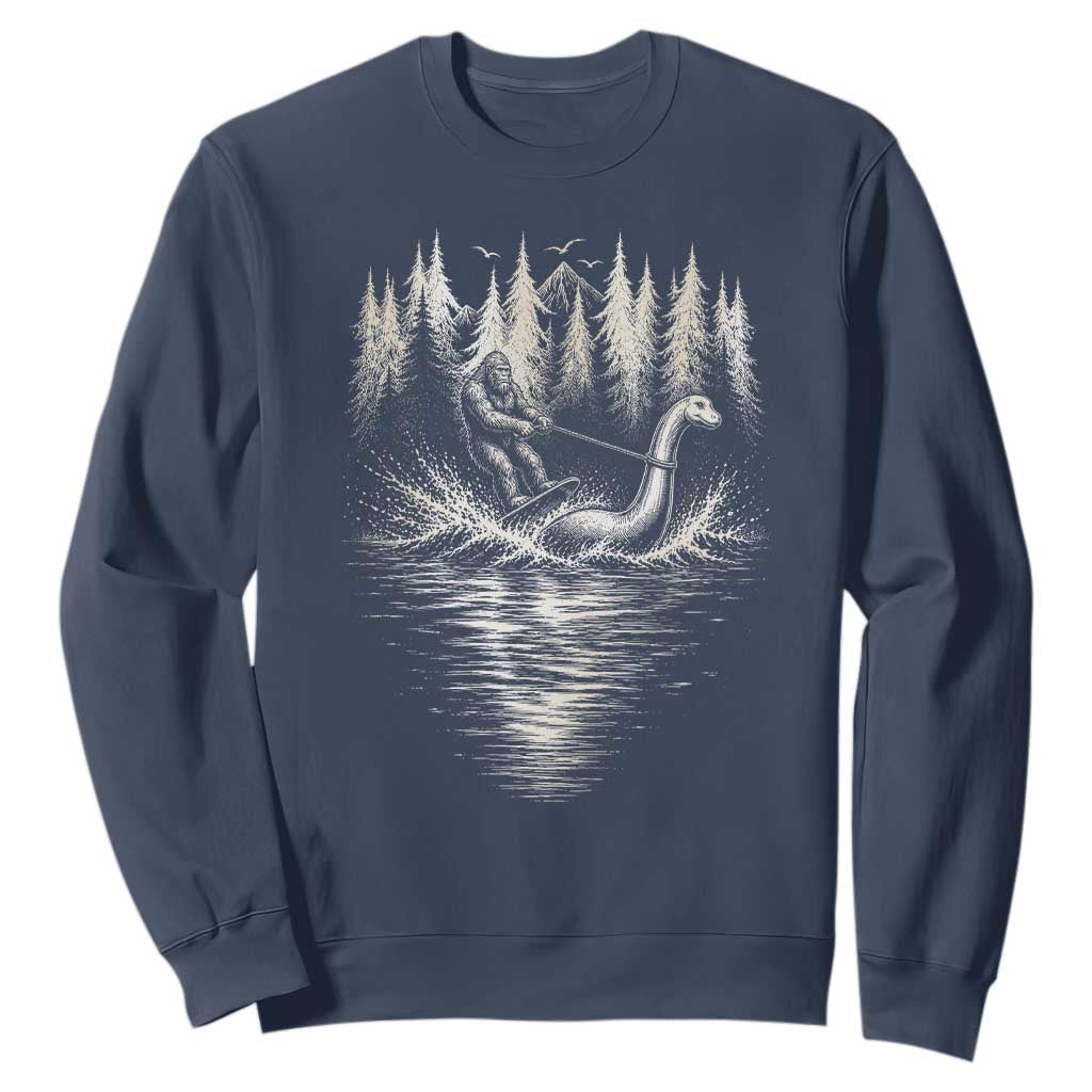 Funny Bigfoot Water Skiing Behind Nessie Sweatshirt Cryptid Lover TS12 Navy Print Your Wear