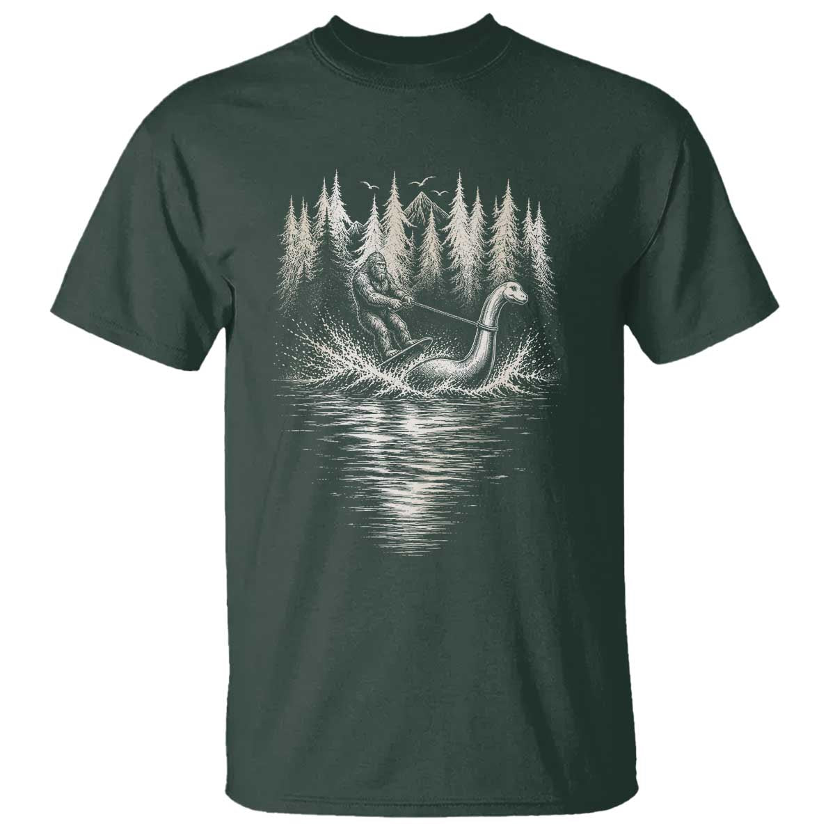 Funny Bigfoot Water Skiing Behind Nessie T Shirt Cryptid Lover TS12 Dark Forest Green Print Your Wear