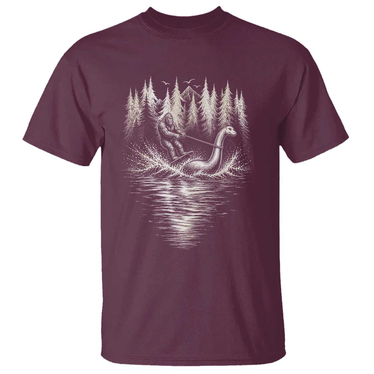 Funny Bigfoot Water Skiing Behind Nessie T Shirt Cryptid Lover TS12 Maroon Print Your Wear