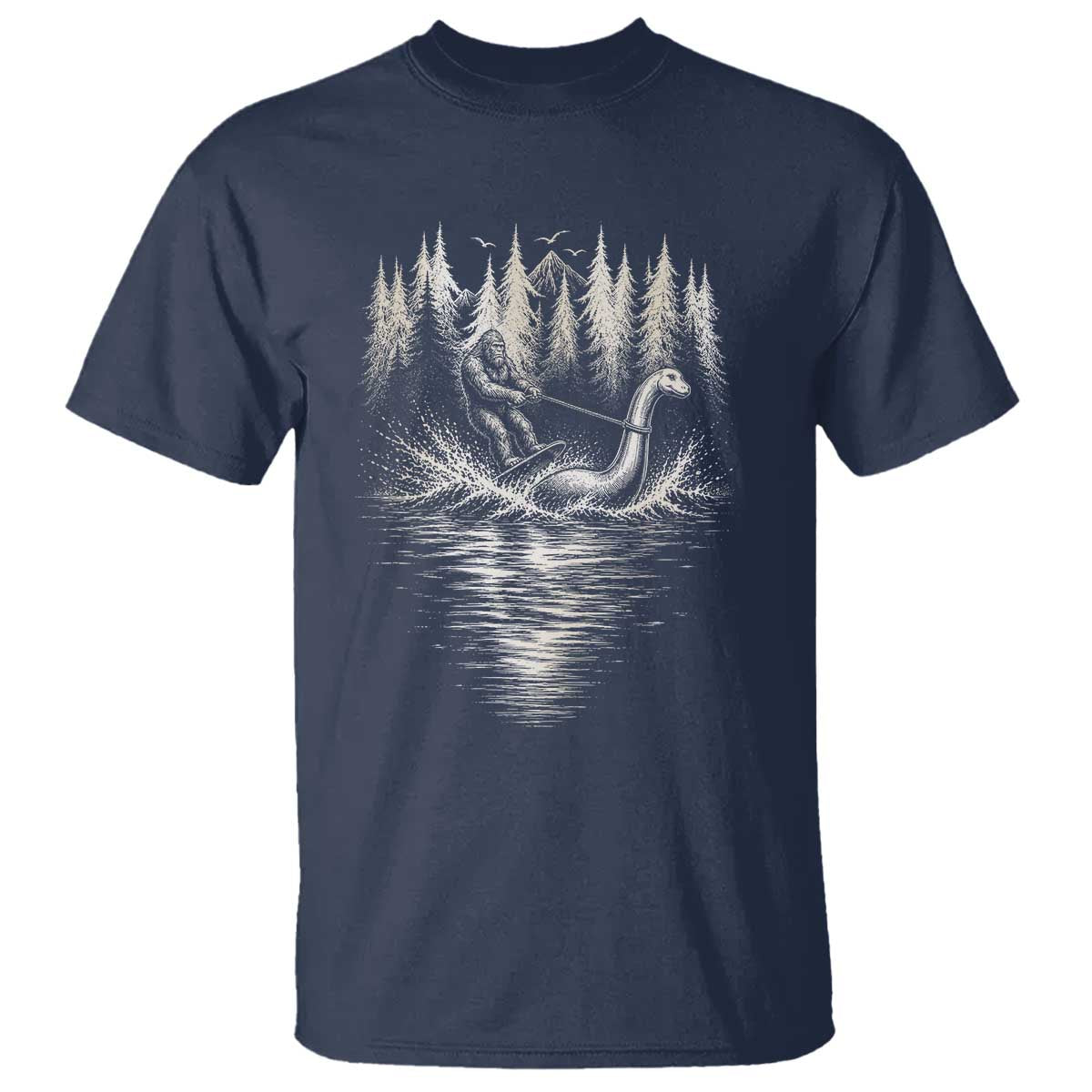 Funny Bigfoot Water Skiing Behind Nessie T Shirt Cryptid Lover TS12 Navy Print Your Wear