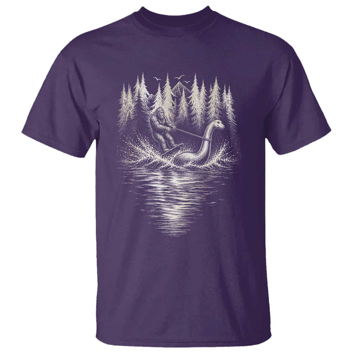 Funny Bigfoot Water Skiing Behind Nessie T Shirt Cryptid Lover TS12 Purple Print Your Wear