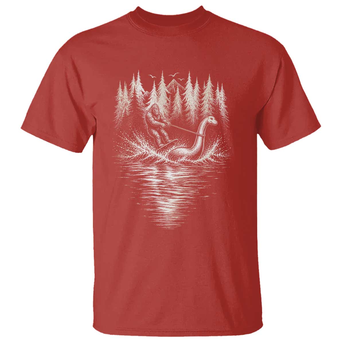 Funny Bigfoot Water Skiing Behind Nessie T Shirt Cryptid Lover TS12 Red Print Your Wear