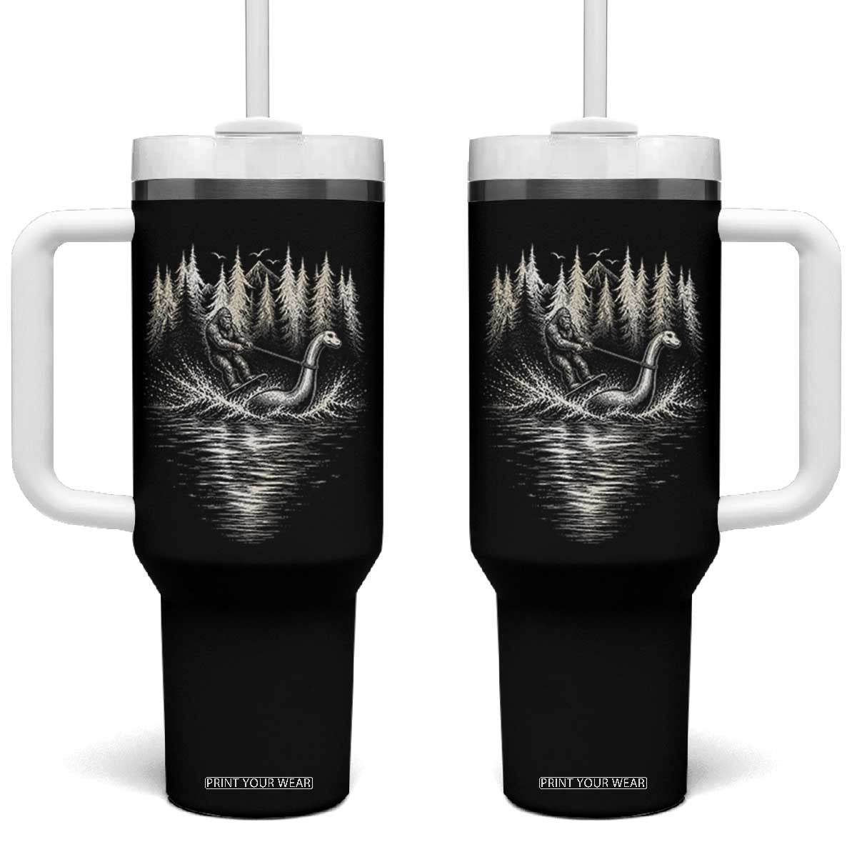 Funny Bigfoot Water Skiing Behind Nessie Tumbler With Handle Cryptid Lover TS12 One Size: 40 oz Black Print Your Wear