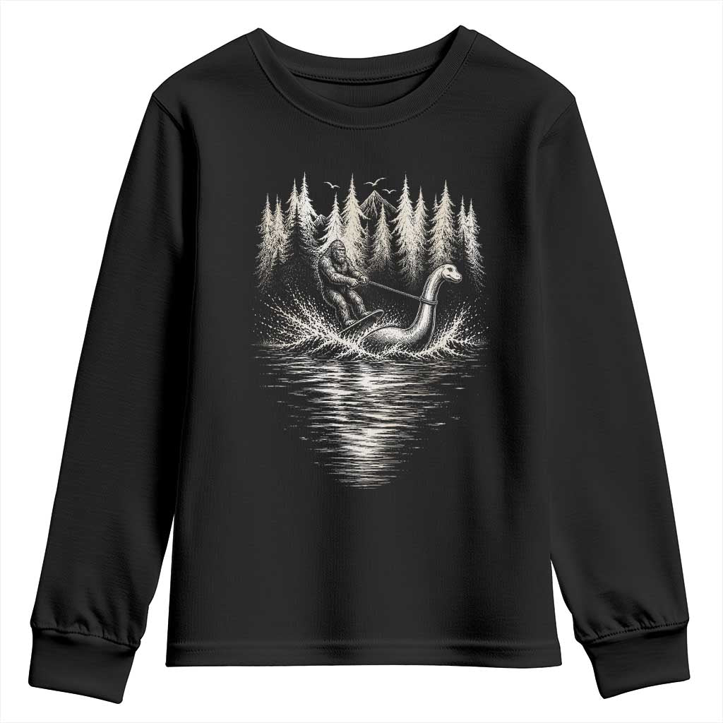 Funny Bigfoot Water Skiing Behind Nessie Youth Sweatshirt Cryptid Lover TS12 Black Print Your Wear