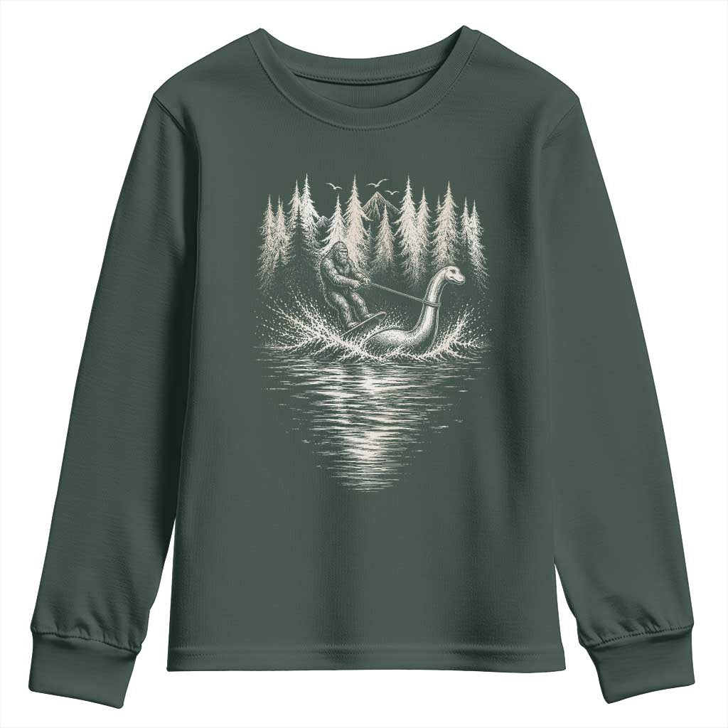 Funny Bigfoot Water Skiing Behind Nessie Youth Sweatshirt Cryptid Lover TS12 Dark Forest Green Print Your Wear