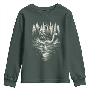 Funny Bigfoot Water Skiing Behind Nessie Youth Sweatshirt Cryptid Lover TS12 Dark Forest Green Print Your Wear