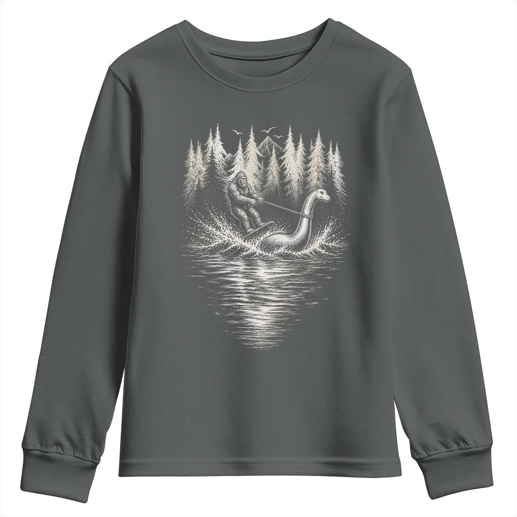 Funny Bigfoot Water Skiing Behind Nessie Youth Sweatshirt Cryptid Lover TS12 Dark Heather Print Your Wear