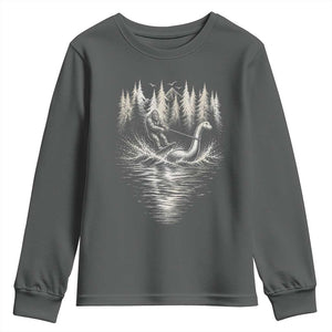Funny Bigfoot Water Skiing Behind Nessie Youth Sweatshirt Cryptid Lover TS12 Dark Heather Print Your Wear