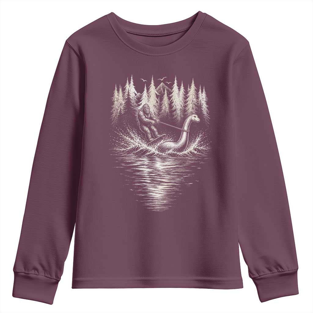 Funny Bigfoot Water Skiing Behind Nessie Youth Sweatshirt Cryptid Lover TS12 Maroon Print Your Wear