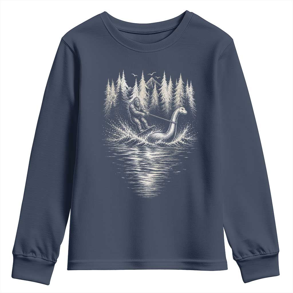 Funny Bigfoot Water Skiing Behind Nessie Youth Sweatshirt Cryptid Lover TS12 Navy Print Your Wear