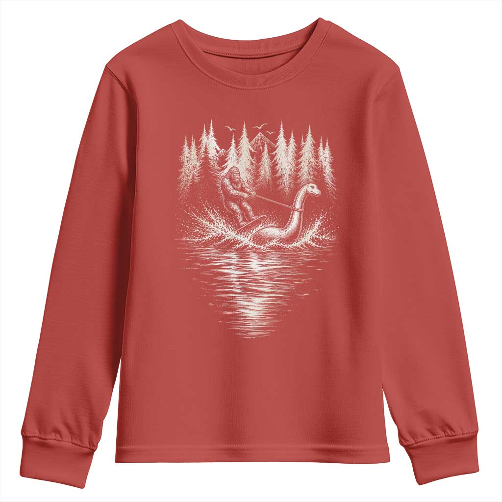 Funny Bigfoot Water Skiing Behind Nessie Youth Sweatshirt Cryptid Lover TS12 Red Print Your Wear