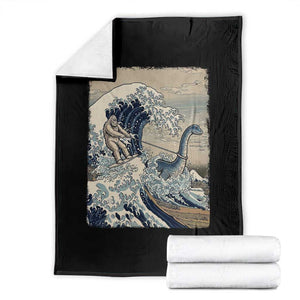 Funny Bigfoot Water Skiing Behind Nessie Throw Blanket Ukiyoe Inspired Wave Art TS12 Black Print Your Wear