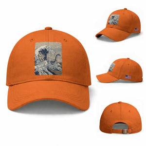 Funny Bigfoot Water Skiing Behind Nessie Baseball Cap Ukiyoe Inspired Wave Art TS12 Baseball Cap Universal Fit Orange Print Your Wear