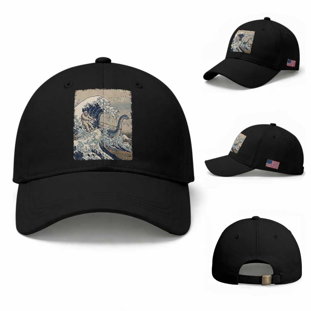 Funny Bigfoot Water Skiing Behind Nessie Baseball Cap Ukiyoe Inspired Wave Art TS12 Baseball Cap Universal Fit Black Print Your Wear