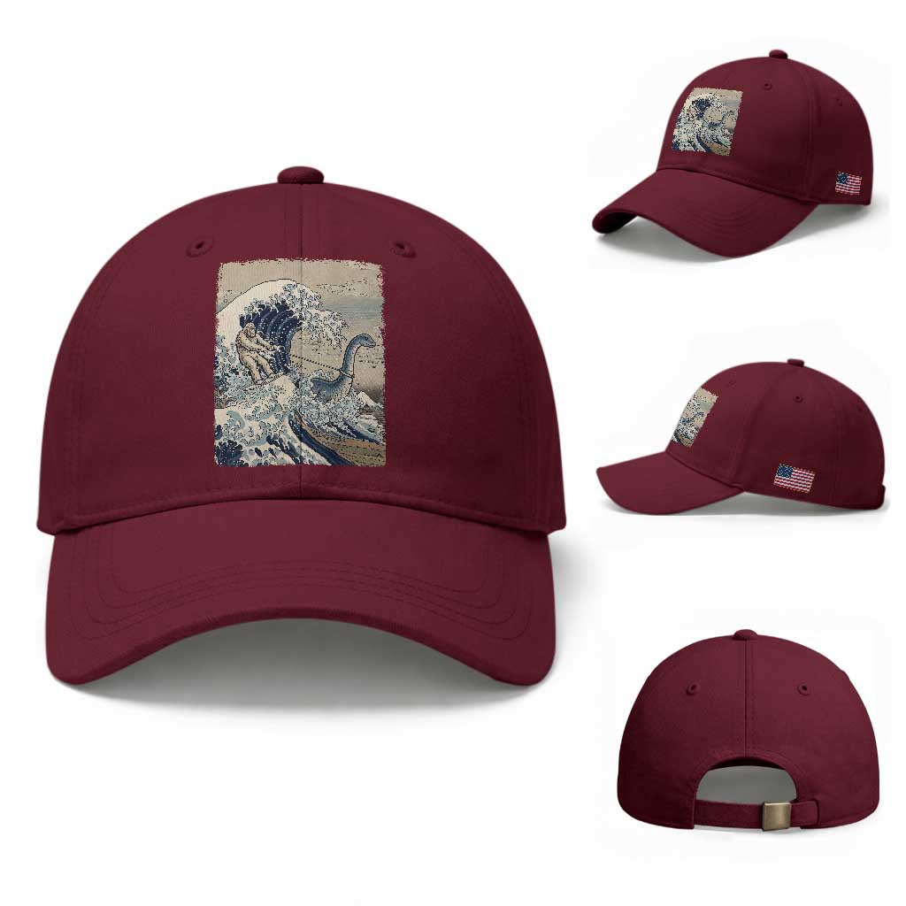 Funny Bigfoot Water Skiing Behind Nessie Baseball Cap Ukiyoe Inspired Wave Art TS12 Baseball Cap Universal Fit Maroon Print Your Wear