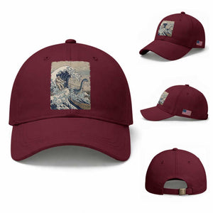 Funny Bigfoot Water Skiing Behind Nessie Baseball Cap Ukiyoe Inspired Wave Art TS12 Baseball Cap Universal Fit Maroon Print Your Wear