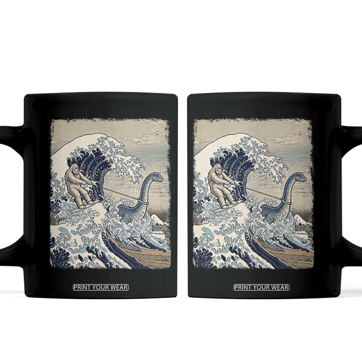 Funny Bigfoot Water Skiing Behind Nessie Coffee Mug Ukiyoe Inspired Wave Art TS12 Black Print Your Wear