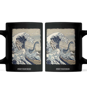 Funny Bigfoot Water Skiing Behind Nessie Coffee Mug Ukiyoe Inspired Wave Art TS12 Black Print Your Wear