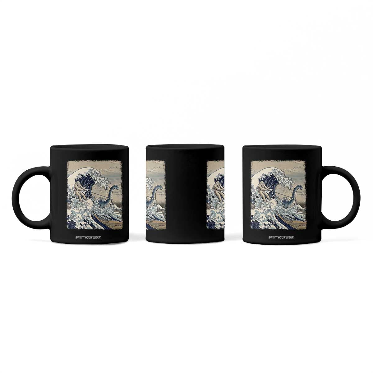 Funny Bigfoot Water Skiing Behind Nessie Coffee Mug Ukiyoe Inspired Wave Art TS12 Print Your Wear