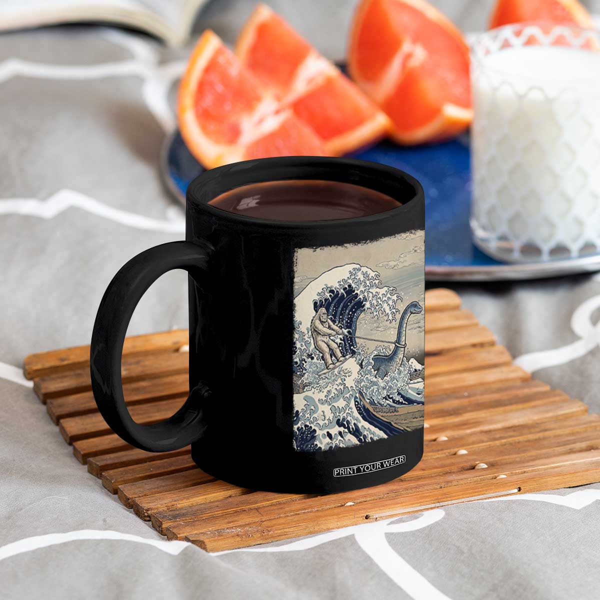 Funny Bigfoot Water Skiing Behind Nessie Coffee Mug Ukiyoe Inspired Wave Art TS12 Print Your Wear