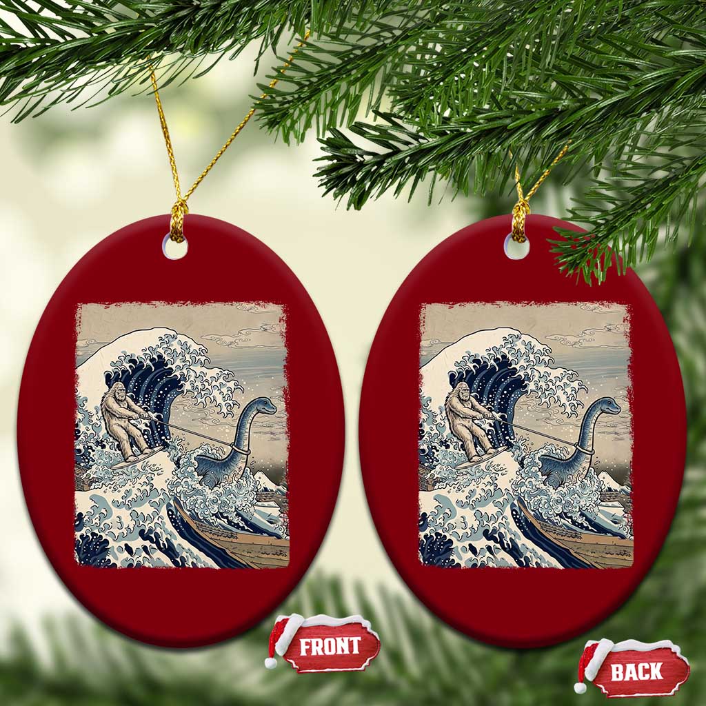 Funny Bigfoot Water Skiing Behind Nessie Ceramic Ornament Ukiyoe Inspired Wave Art TS12 Print Your Wear