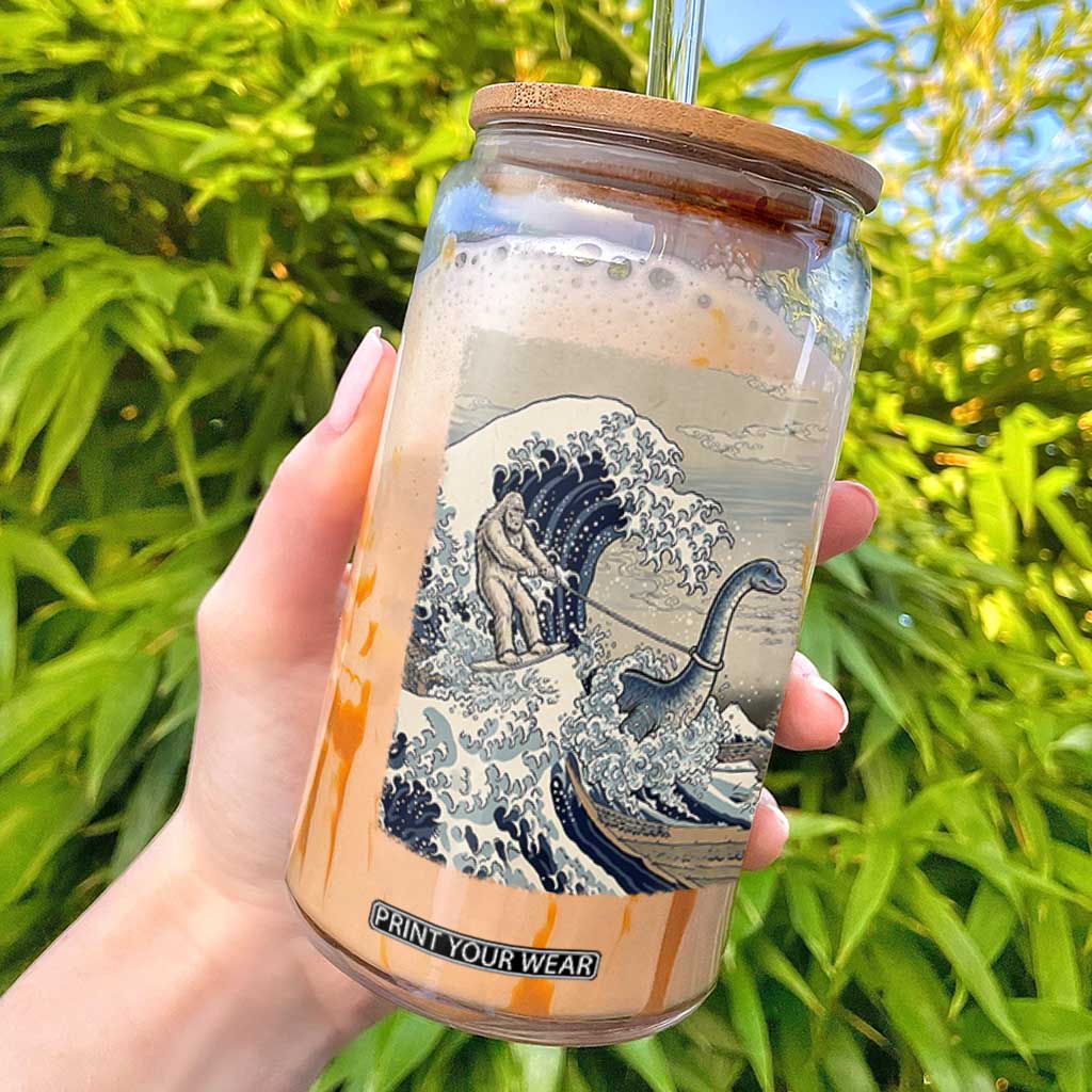 Funny Bigfoot Water Skiing Behind Nessie Glass Can Ukiyoe Inspired Wave Art TS12 Black Print Your Wear