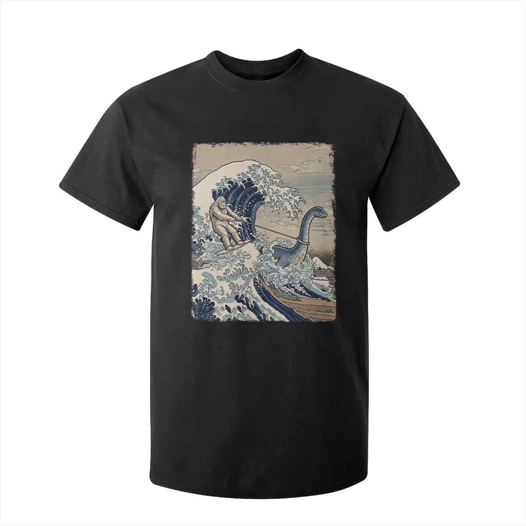 Funny Bigfoot Water Skiing Behind Nessie T Shirt For Kid Ukiyoe Inspired Wave Art TS12 Black Print Your Wear
